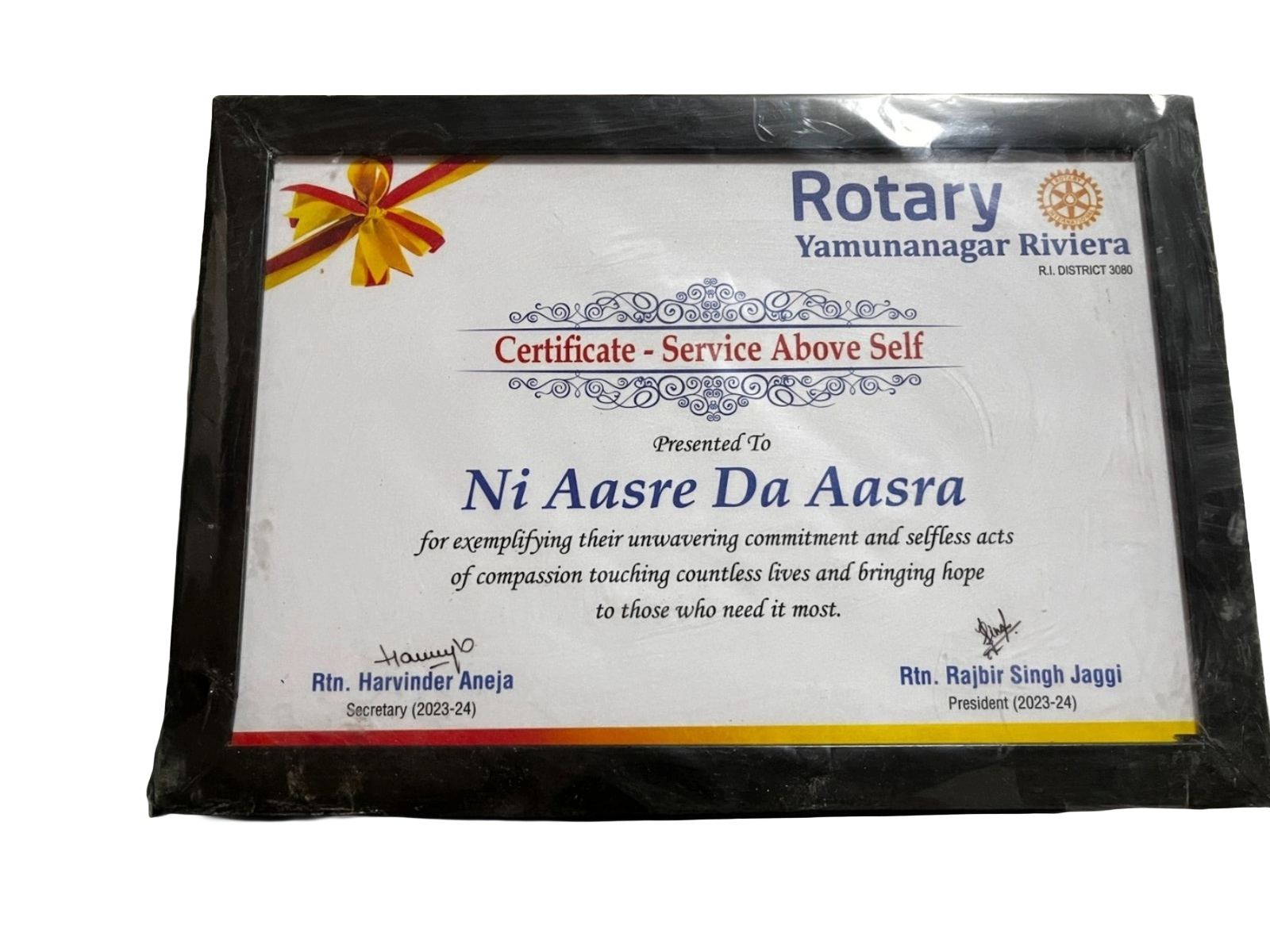 Rotary Yamunanagar Riviera certificate service above self